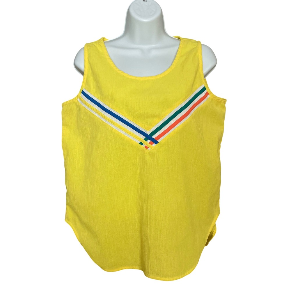 Vintage Tank Top Sporty Yellow Sleeveless Stripe Textured Retro Medium Medium